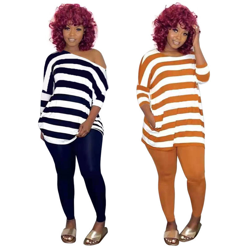 2021 Anti-UV Casual 2 Stück Set Streifen Freizeit Off Shoulder Set Top And Pants Set Lauf Outfits Joggen