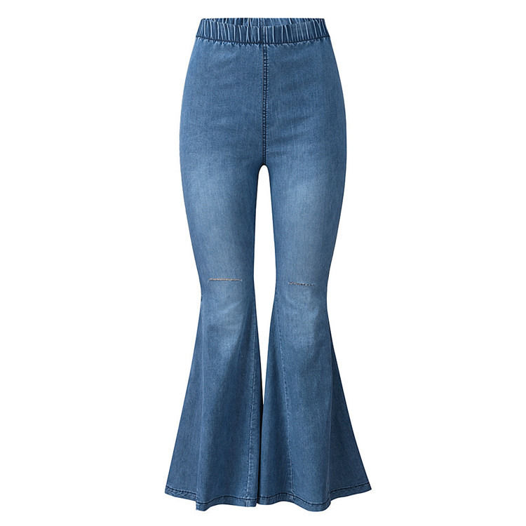 Farbverblendungssicher Hochwaage Elastische Taille Knie gerissene Glocke Boden Frauen Jeans Flare Hosen