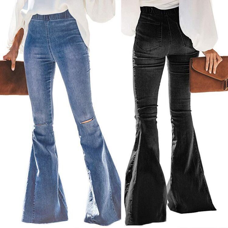 Farbverblendungssicher Hochwaage Elastische Taille Knie gerissene Glocke Boden Frauen Jeans Flare Hosen