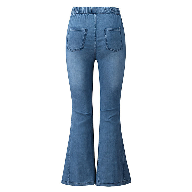 Farbverblendungssicher Hochwaage Elastische Taille Knie gerissene Glocke Boden Frauen Jeans Flare Hosen