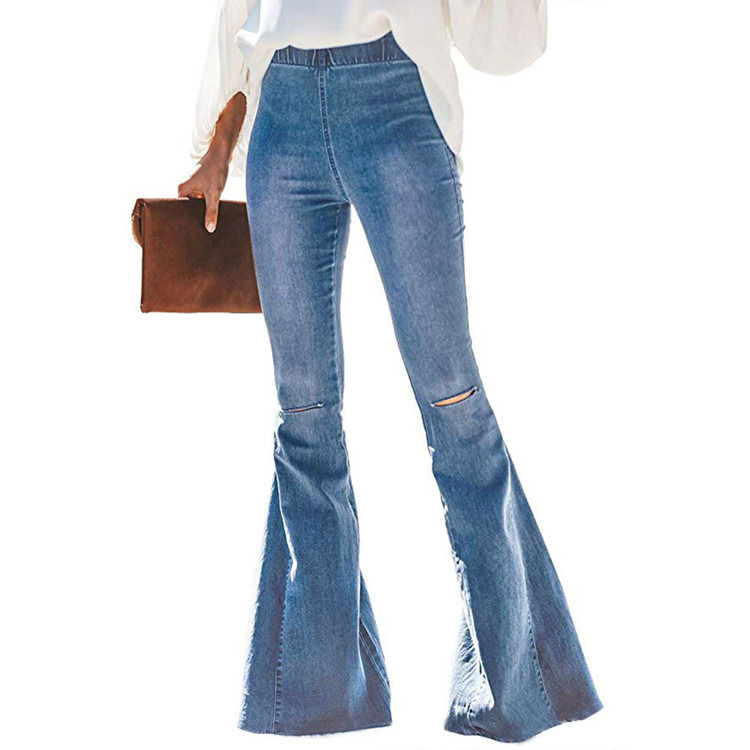 Farbverblendungssicher Hochwaage Elastische Taille Knie gerissene Glocke Boden Frauen Jeans Flare Hosen