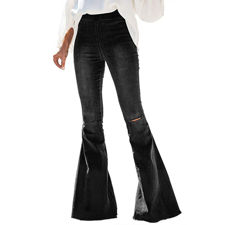 Farbverblendungssicher Hochwaage Elastische Taille Knie gerissene Glocke Boden Frauen Jeans Flare Hosen