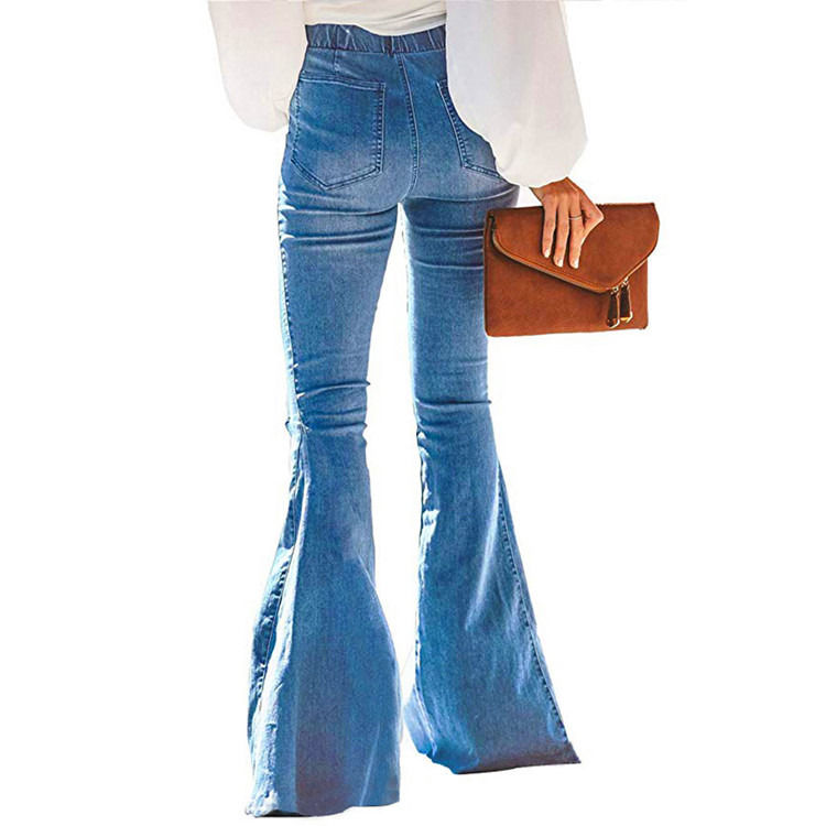 Farbverblendungssicher Hochwaage Elastische Taille Knie gerissene Glocke Boden Frauen Jeans Flare Hosen