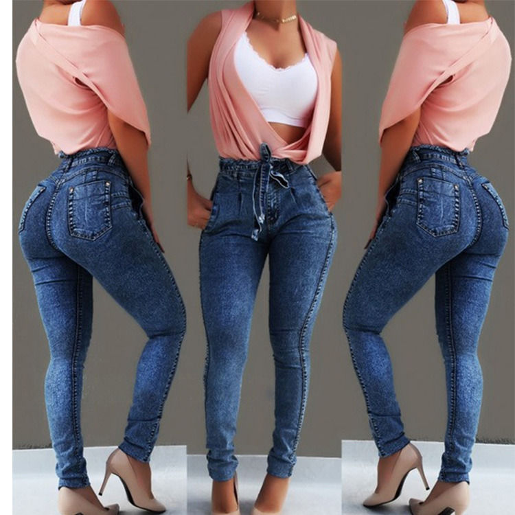 Gürtelband Tassel Farbverblendungssicherung Hochwertiges Gewehr schmaler Bleistift Jeans Frau elastische Jeans