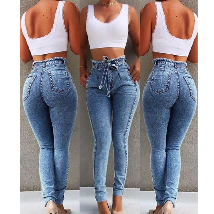 Gürtelband Tassel Farbverblendungssicherung Hochwertiges Gewehr schmaler Bleistift Jeans Frau elastische Jeans