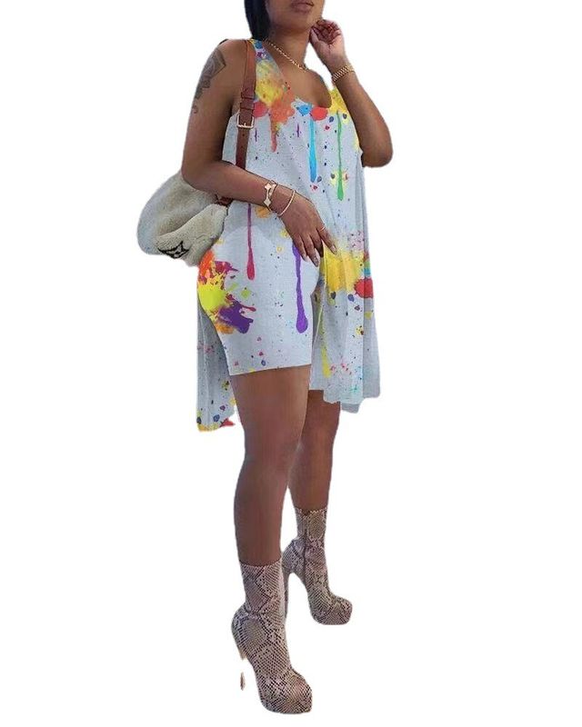 2021 Anti-UV Krawatte Die 2 Stück Set Splatter-Tinte Druck Shorts Outfits Unregelmäßige asymmetrische Kante