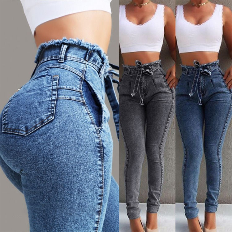 Gürtelband Tassel Farbverblendungssicherung Hochwertiges Gewehr schmaler Bleistift Jeans Frau elastische Jeans