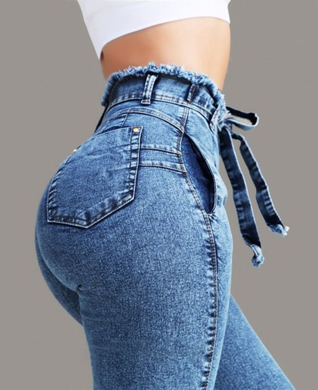 Gürtelband Tassel Farbverblendungssicherung Hochwertiges Gewehr schmaler Bleistift Jeans Frau elastische Jeans