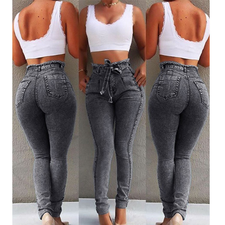 Gürtelband Tassel Farbverblendungssicherung Hochwertiges Gewehr schmaler Bleistift Jeans Frau elastische Jeans