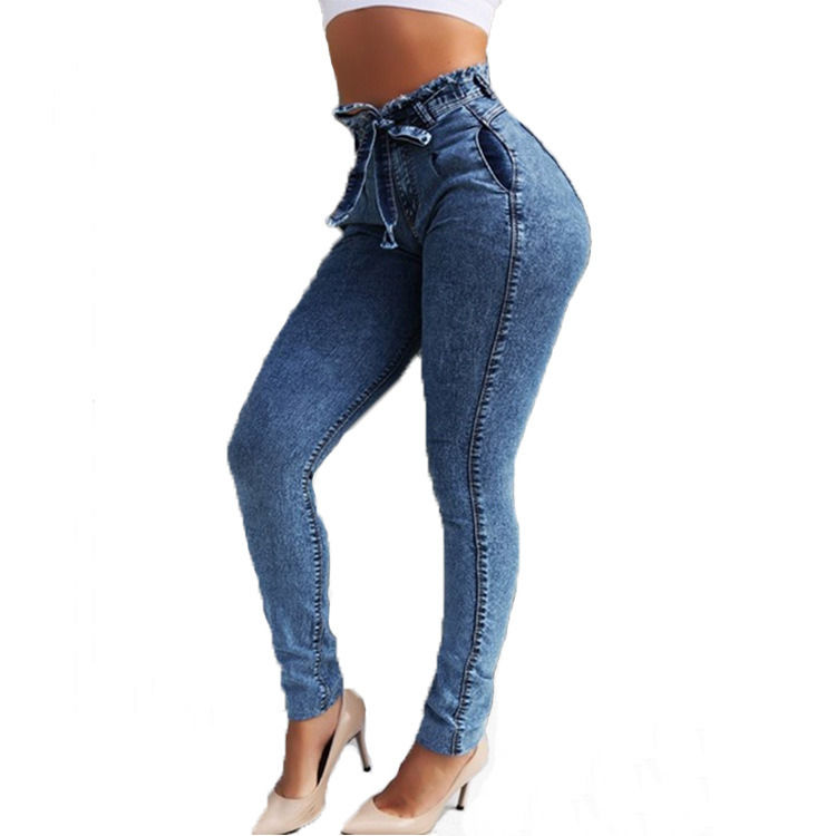 Gürtelband Tassel Farbverblendungssicherung Hochwertiges Gewehr schmaler Bleistift Jeans Frau elastische Jeans