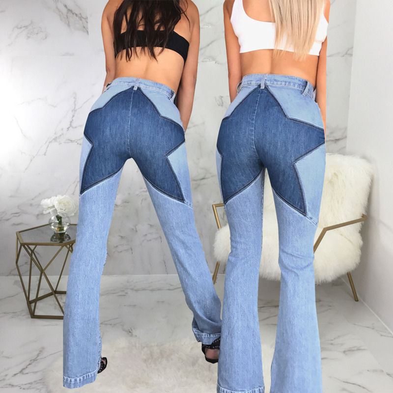 Farbverblendung Nachweis gute Qualität Patchwork Hip-Star Jeans Nähen Strecken ausgebreitete Hosen Frauen Jeans lang