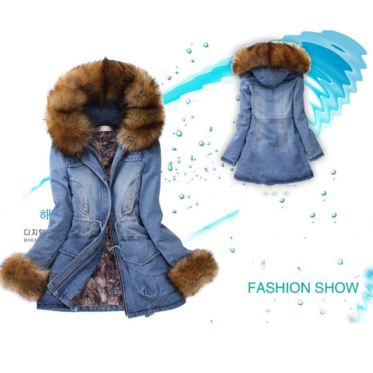 2020 Pelzhals denim Jacke Winter wasserdicht Dicke Baumwolle gepolstert Kapuzen Jeans Mantel Frauen