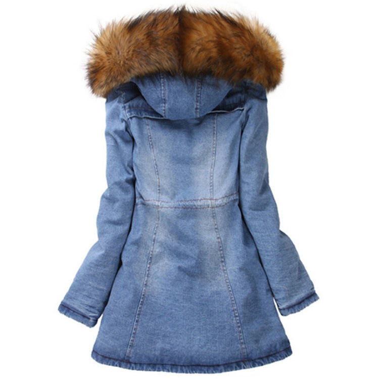 2020 Pelzhals denim Jacke Winter wasserdicht Dicke Baumwolle gepolstert Kapuzen Jeans Mantel Frauen