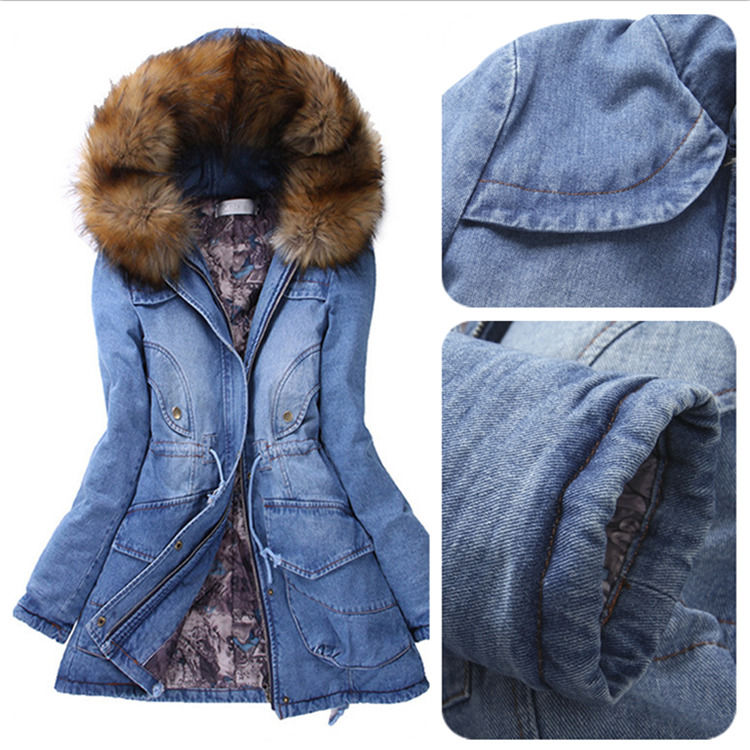 2020 Pelzhals denim Jacke Winter wasserdicht Dicke Baumwolle gepolstert Kapuzen Jeans Mantel Frauen
