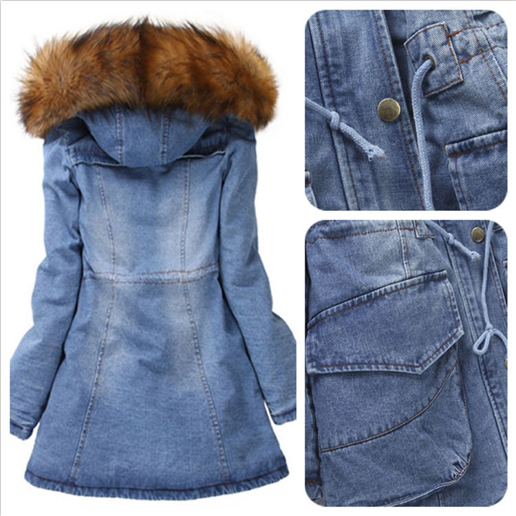2020 Pelzhals denim Jacke Winter wasserdicht Dicke Baumwolle gepolstert Kapuzen Jeans Mantel Frauen