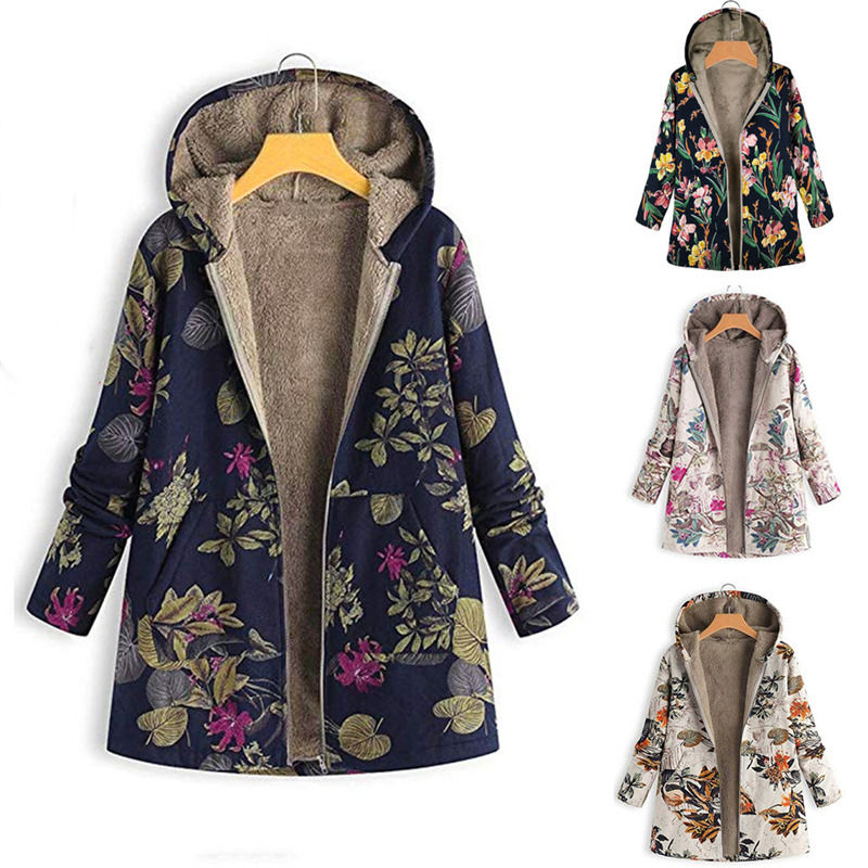 Floral Print Wasserdicht Leinwand Neues Hoodie Fleece Warmer Frauenmantel Winterjacke Dünne Jacke