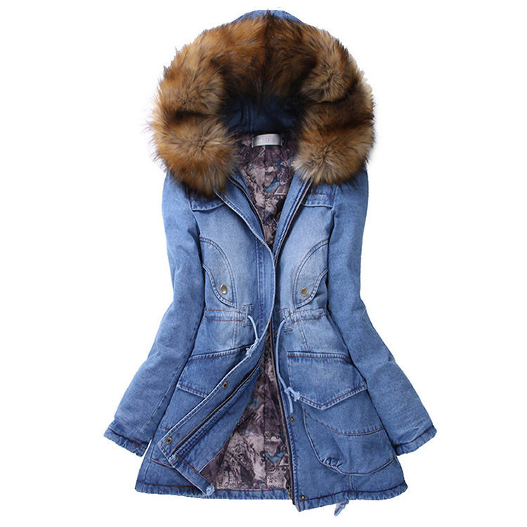Mode dickem Baumwollpolsterten Pelzkragen Jeans Jacke Winter Kapuze Jeans wasserdichtem Mantel Frauen