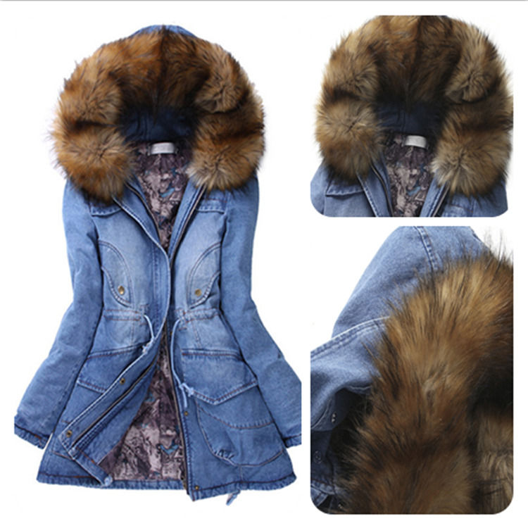 Mode dickem Baumwollpolsterten Pelzkragen Jeans Jacke Winter Kapuze Jeans wasserdichtem Mantel Frauen